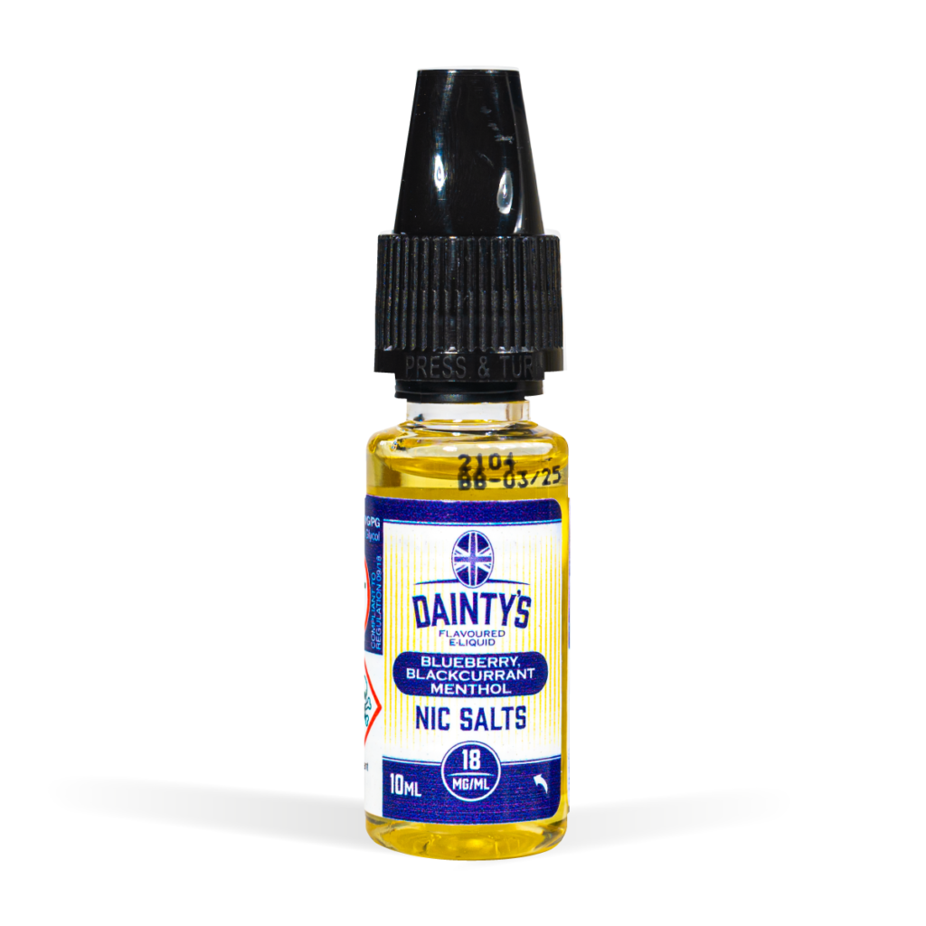 Daintys 10ml nic salt range blueberry blackcurrant menthol flavour white background studio shot