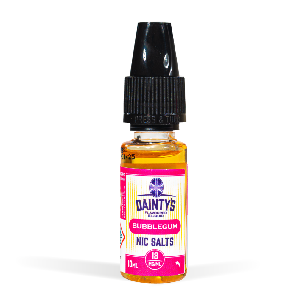 Daintys 10ml nic salt rangę bubblegum flavour white background studio shot