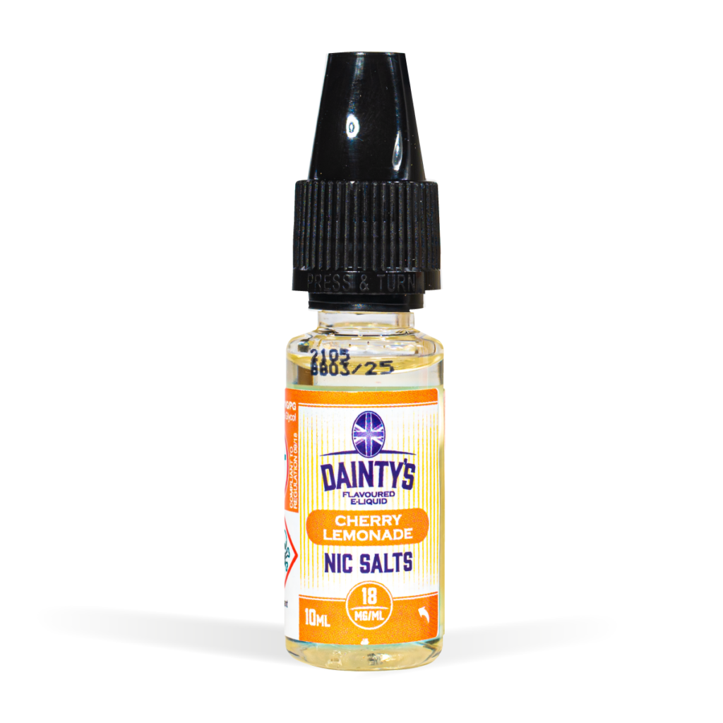 Dainty's 10ml Nic Salt range Cherry Lemonade flavour studio shot white background