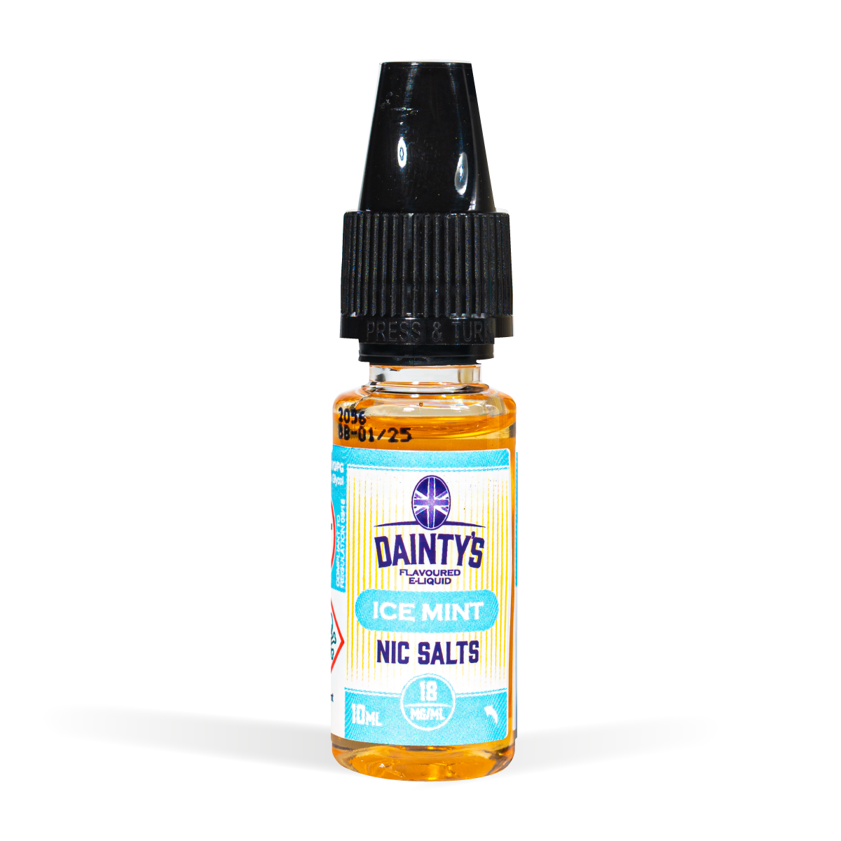 Dainty's 10ml Nic salt range ice mint flavour white background studio shot