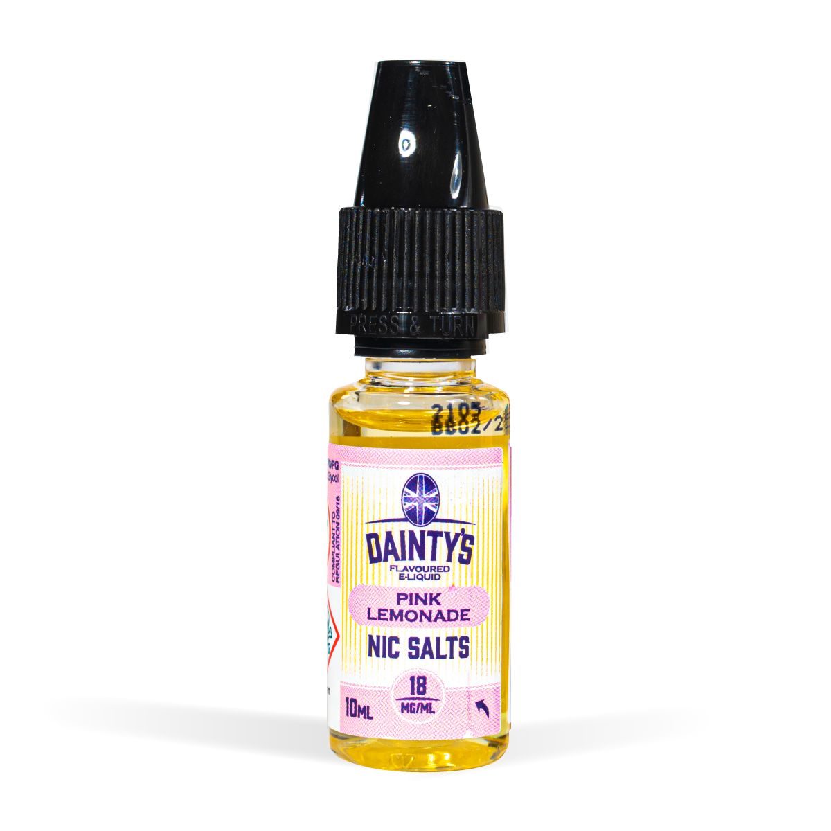 Dainty's 10ml Nic Salt Range Pink lemonade Flavour White Background Studio Shot