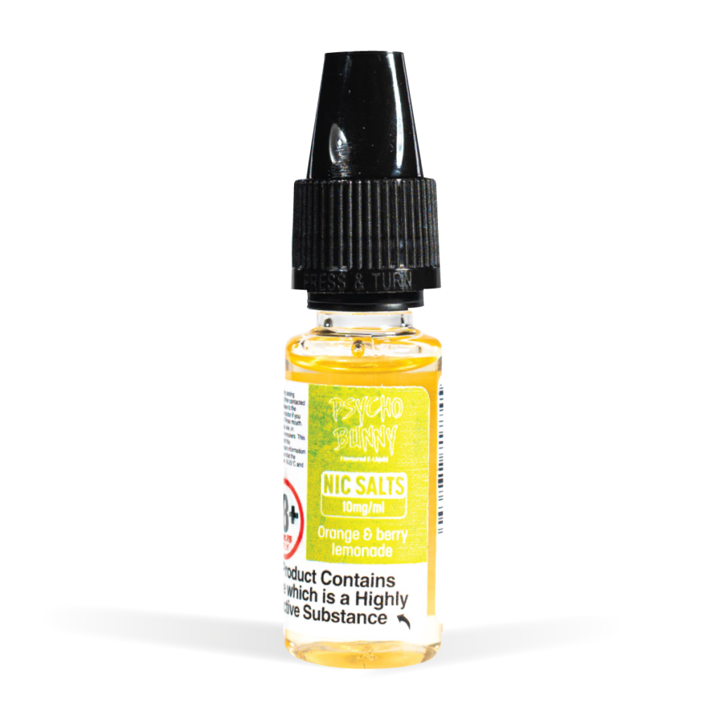 PsychoBunny Nic Salt 10ml Range Orange Berry lemonade Flavour White Background Studio Shot