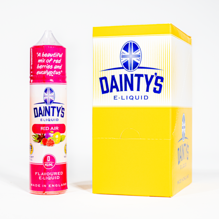 Dainty's red air 50ml 0mg pink bottle and box white background