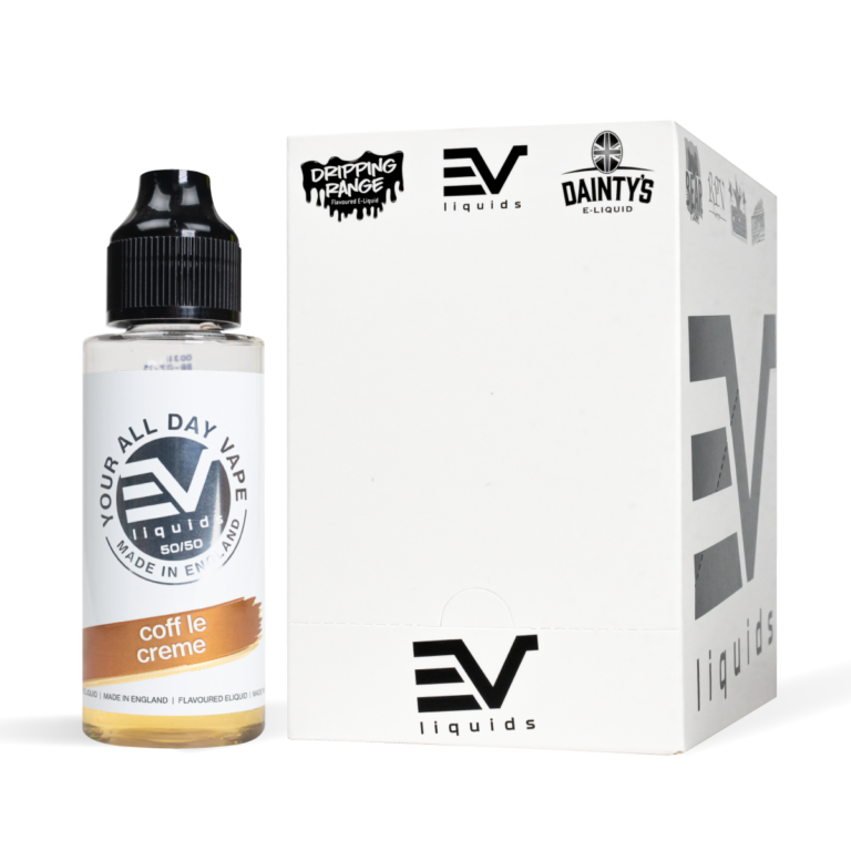 EV Liquids 80ml coff le creme with box White Background Studio Shot