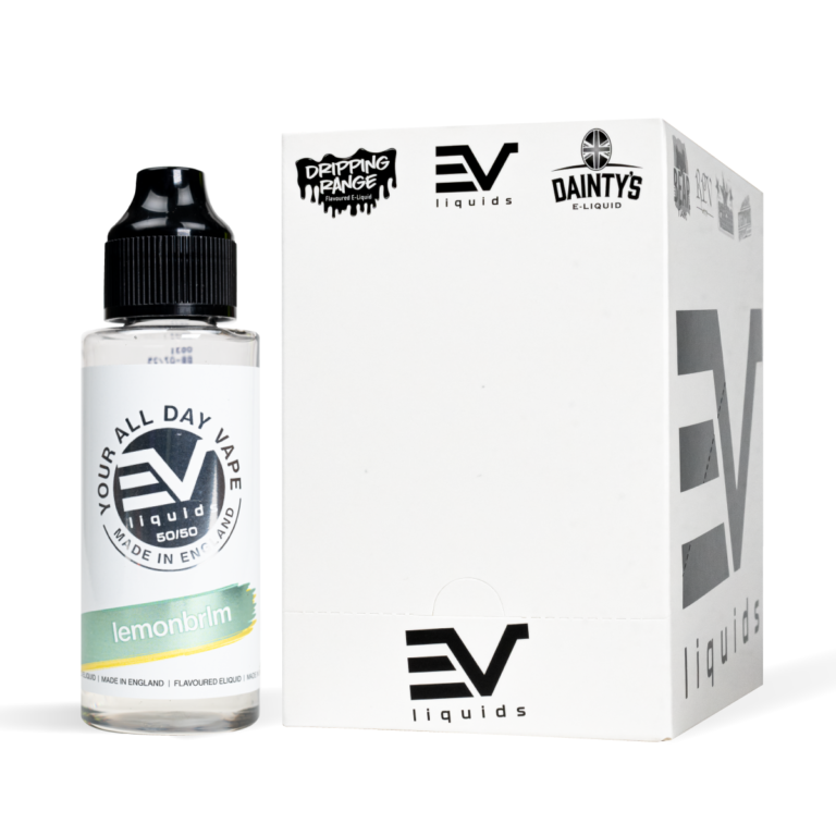 EV Liquids 80ml Lemonbrlm with box White Background Studio Shot