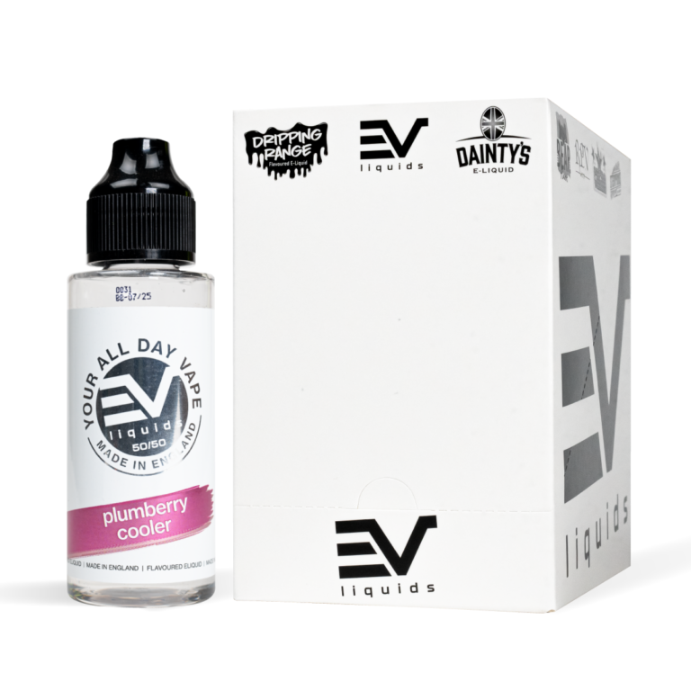 EV Liquids 80ml PlumBerry Cooler with box White Background Studio Shot