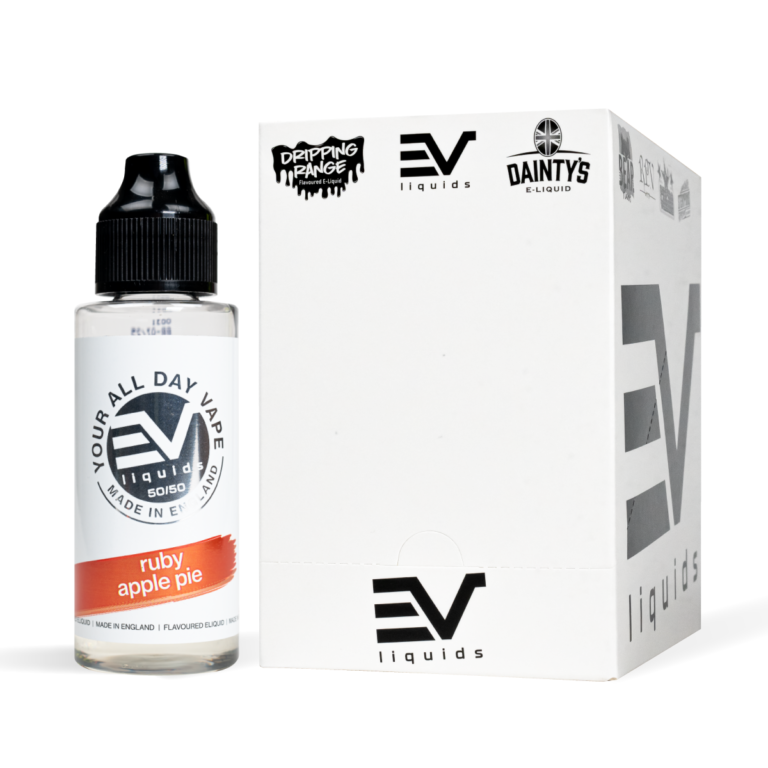EV Liquids 80ml ruby apple pie with box White Background Studio Shot