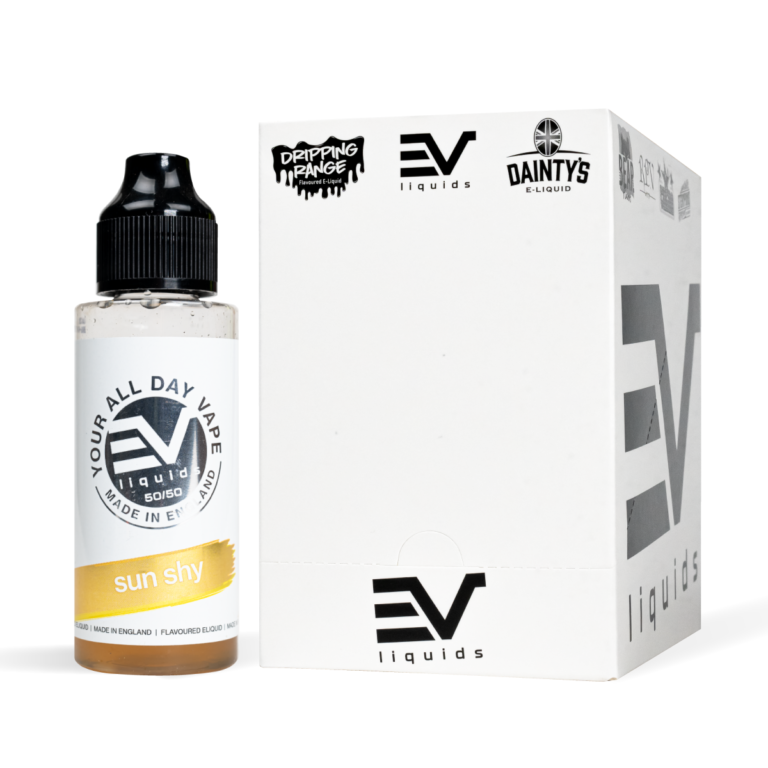EV Liquids 80ml Sun Shy with box White Background Studio Shot