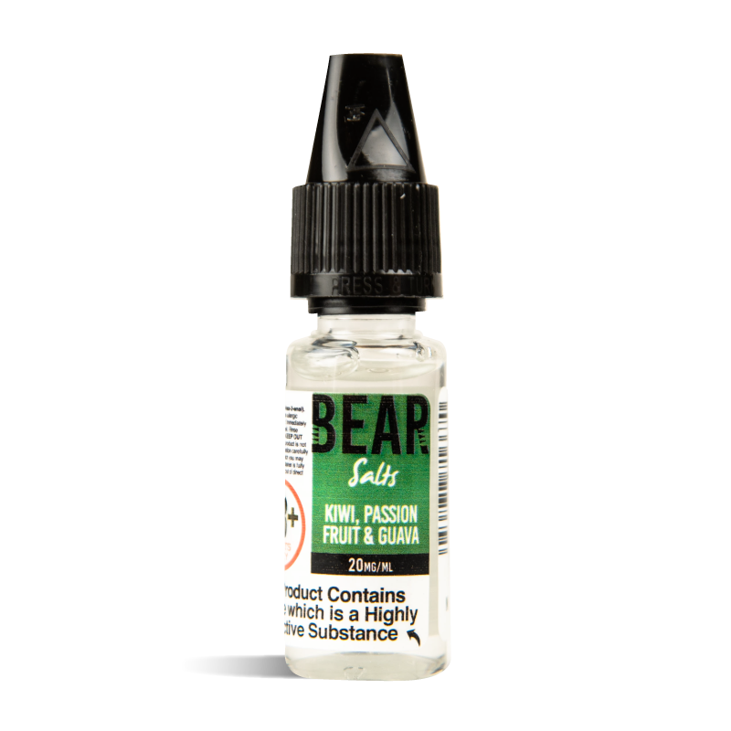 bear salts kiwi passionfruit guava nic salt in 10mg and 20mg nicotine in a 10ml bottle