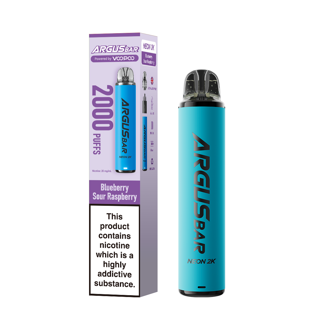 Blue Sour Raspberry Flavoured VooPoo Argus Bar Neon 2K Pod Kits - UK June Compliant Vape Pod Kit