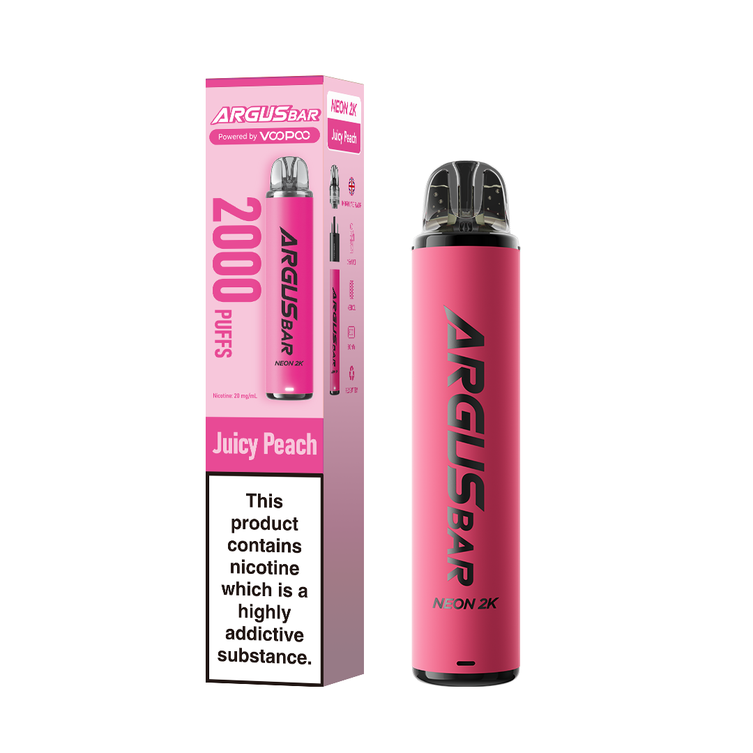 Juicy Peach Flavoured VooPoo Argus Bar Neon 2K Pod Kits - UK June Compliant Vape Pod Kit