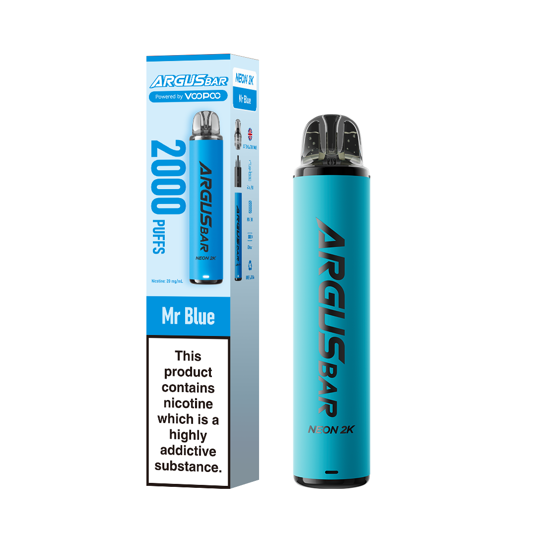 Mr Blue Flavoured VooPoo Argus Bar Neon 2K Pod Kits - UK June Compliant Vape Pod Kit