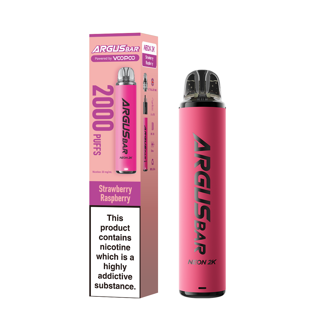 Strawberry Raspberry Flavoured VooPoo Argus Bar Neon 2K Pod Kits - UK June Compliant Vape Pod Kit