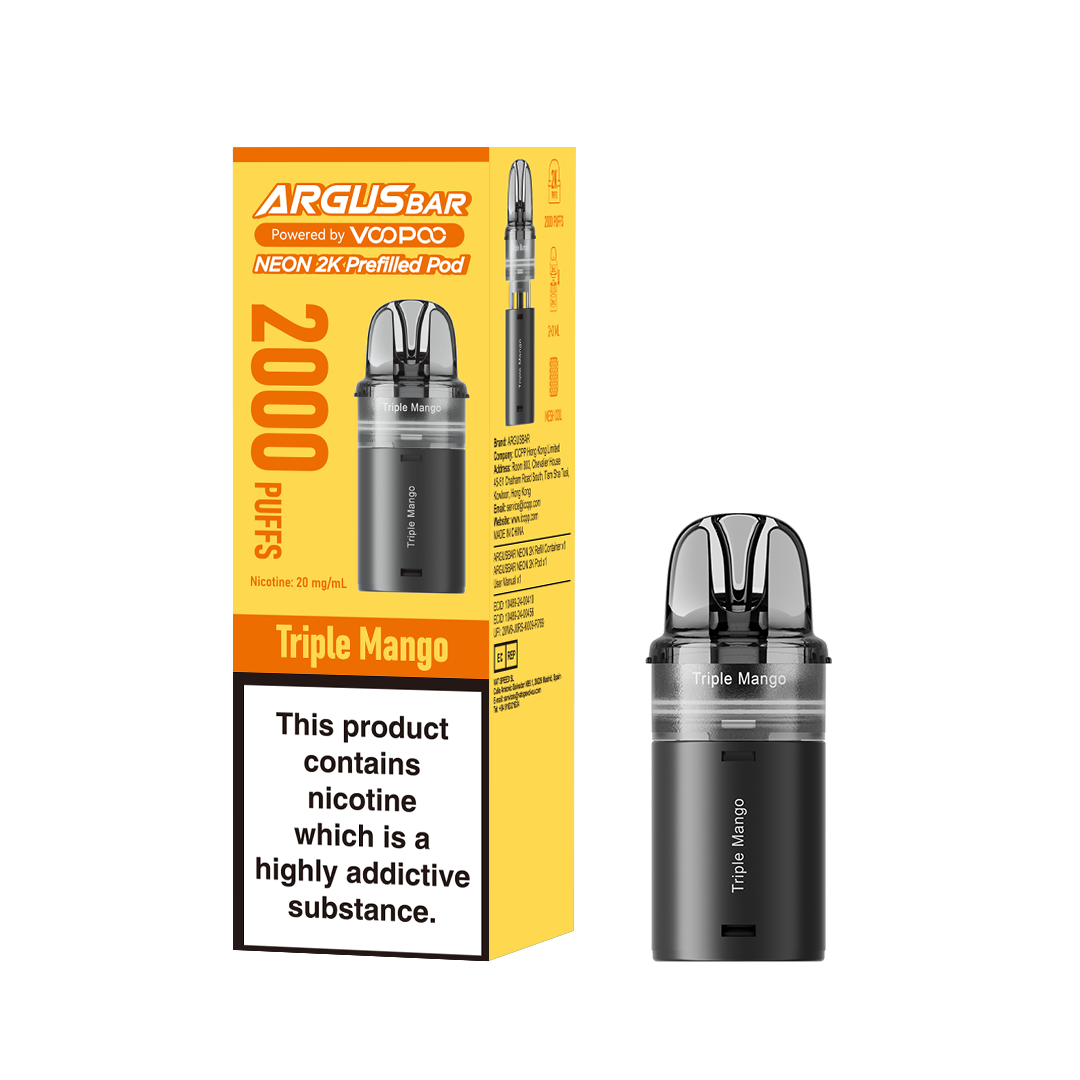 Triple Mango Flavoured VooPoo Argus Bar Neon 2K - A Refillable and UK June Compliant Vape Pod Kit
